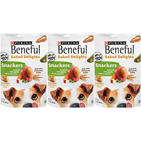 3 Bags of Purina Beneful Baked Delights Snackers with Apples, Carrots, Peas & Peanut Butter Dog Treat 9.5 oz ea