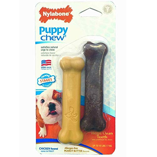 Nylabone Just For Puppies Peanut Butter and Chicken Flavored bone Puppy Dog Chew Toy, Twin Pack (design may vary)