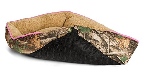 Oakwood Mountain Camouflage Dog Bed Â Extra Fluffy, Ecofriendly Polypropylene Fiber Â Non-Slip Bottom Â Machine Washable Â Rectangle Pet Bed Â Brown or Pink Piping Â Fits All Dog and Cat Breeds