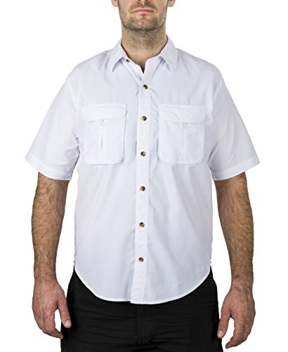 MenÂs Fishing Shirt Short-Sleeve with 2 Front Pockets RUNS ONE SIZE SMALL (White, Medium)