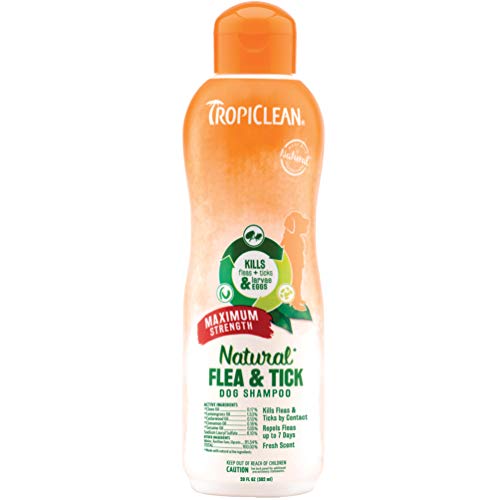 TropiClean Natural Flea and Tick Shampoo For Dogs and Puppies, With Natural Maximun Strength Formula, Effectively Repels Fleas and Ticks, Safe to Use On Dogs 12 Weeks and Older, 20 oz.