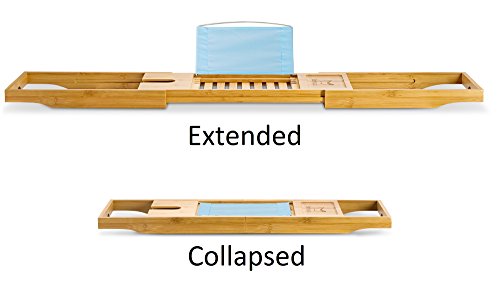 romatlink Makes Gift-Luxury Bamboo, Extending Slides, Adjustable Tablet Rack with Wine Glass & Book Holder for That Perfect Bathtime Escape, Natural