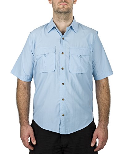 MenÂs Fishing Shirt Short-Sleeve with 2 Front Pockets RUNS ONE SIZE SMALL (Light Blue, Medium)