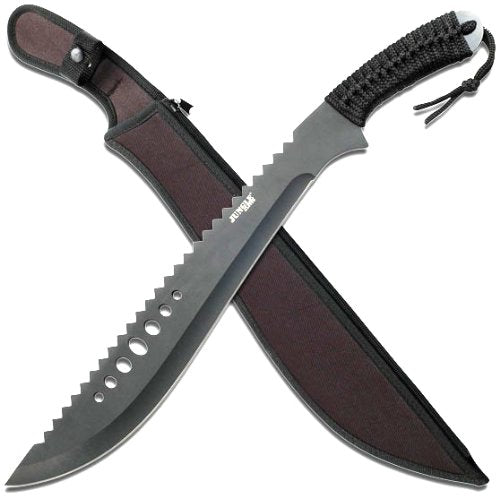 Jungle Master JM-031B Machete, Black Reverse Serrated Blade, Black Cord-Wrapped Handle, 21-Inch Overall