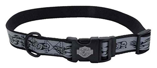 HARLEY-DAVIDSON 1in. Adjustable Reflective Skull & Flames Dog Collar - LG 26in.