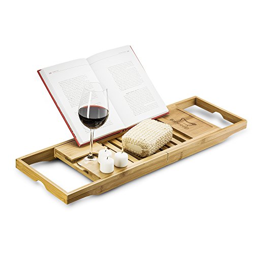 romatlink Makes Gift-Luxury Bamboo, Extending Slides, Adjustable Tablet Rack with Wine Glass & Book Holder for That Perfect Bathtime Escape, Natural