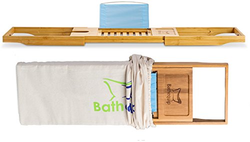 romatlink Makes Gift-Luxury Bamboo, Extending Slides, Adjustable Tablet Rack with Wine Glass & Book Holder for That Perfect Bathtime Escape, Natural
