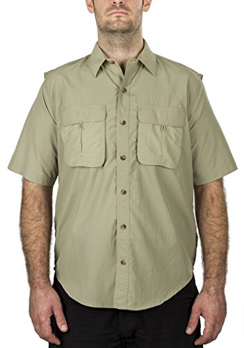 MenÂs Fishing Shirt Short-Sleeve with 2 Front Pockets RUNS ONE SIZE SMALL (Taupe, Medium)