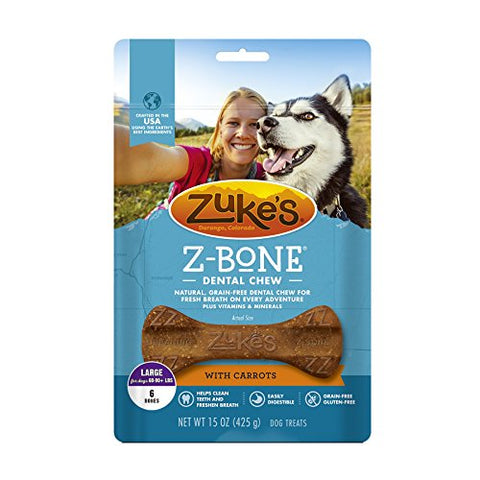 ZukeÂs Z-Bones Natural Grain-Free Dental Chew Large (Pack of 2), Apple and Carrot - 12 Chew Bones Total