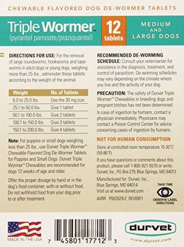 Durvet 12-Pack Triple Wormer Tablets for Medium and Large Dogs