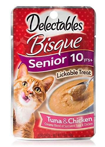 Delectables Bisque Senior 10 yrs+ With Vitamins E and B Lickable Treat Tuna & Chicken (4-Pouches) (NET WT 1.4 OZ EACH)