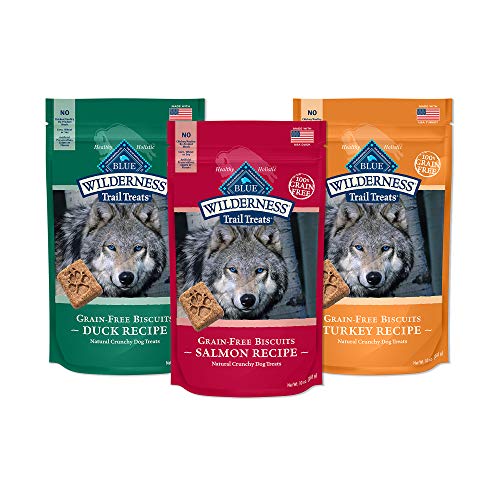 Blue Buffalo Wilderness Trail Treats High Protein Grain Free Crunchy Dog Treats Biscuits, Duck, Turkey, Salmon Recipes 10-oz Variety Pack, 3Ct