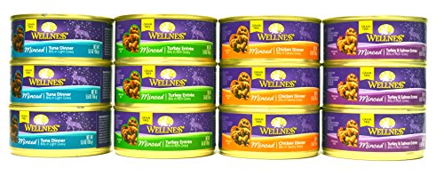 Wellness Minced Grain-Free Wet Cat Food Variety Pack - 4 Flavors (Tuna, Turkey, Chicken, and Turkey & Salmon) - 12 (5.5 Ounce) Cans - 3 of Each Flavor