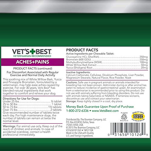 VetÂs Best Aspirin Free Aches + Pains Dog Supplement | Vet Formulated for Dog Pain Support and Joint Relief | 50 Chewable Tablets