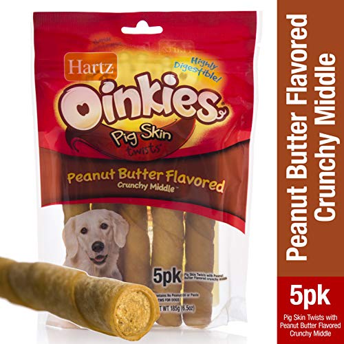 Hartz Oinkies Natural Smoked Pig Skin Twist Peanut Butter Stuffed Dog Treat Chews - 5 Pack