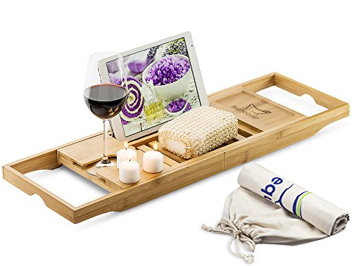 romatlink Makes Gift-Luxury Bamboo, Extending Slides, Adjustable Tablet Rack with Wine Glass & Book Holder for That Perfect Bathtime Escape, Natural