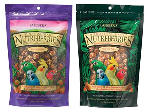Lafeber's Nutri-Berries Parakeet, Cockatiel, Lovebird & Conure Food 2 Flavor Variety Bundle: (1) Papaya/Pineapple/Mango, and (1) Cranberries/Apricots/Dates, 10 Oz. Ea. (2 Bags)