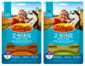 ZukeÂs Z-Bones Natural Grain-Free Dental Chew Large (Pack of 2), Apple and Carrot - 12 Chew Bones Total