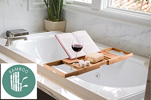 romatlink Makes Gift-Luxury Bamboo, Extending Slides, Adjustable Tablet Rack with Wine Glass & Book Holder for That Perfect Bathtime Escape, Natural