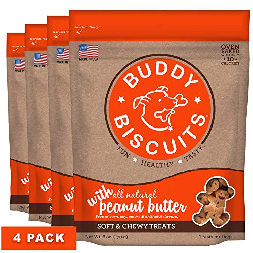 BUDDY BISCUITS, Soft & Chewy Treats for Small & Large Dog, Made in USA Peanut Butter Flavor - 6 oz, 4 Pack