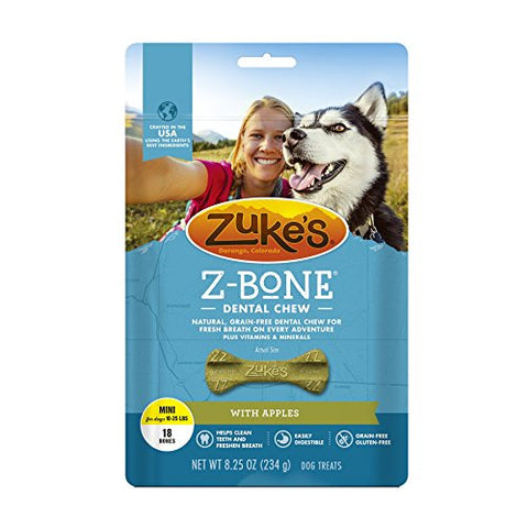 ZukeÂs Z-Bones Natural Grain-Free Dental Chew Mini (Pack of 2), Apple and Carrot - 36 Chew Bones Total