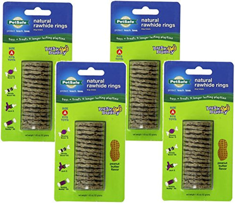 (4 Pack) PetSafe Busy Buddy Refill Ring Dog Treats for select Busy Buddy Dog Toys, Peanut Butter Flavored Natural Rawhide, Size A