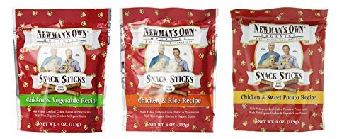 Newman's Own Organic Snack Sticks Dog Treats 3 Flavor Variety Bundle: (1) Newman's Own Chicken & Sweet Potato Recipe, (1) Newman's Own Chicken & Rice Recipe, and (1) Newman's Own Chicken & Vegetable Recipe, 4 Oz. Ea. (3 Bags Total)
