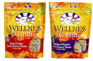 Wellness WellBites Soft & Chewy Treats For Good Dogs 2 Flavor Variety Bundle: (1) Wellness WellBites Beef & Turkey Recipe Soft & Chewy Treats, and (1) Wellness WellBites Chicken & Venison Soft & Chewy Treats, 6 Oz. Ea. (2 Bags Total)