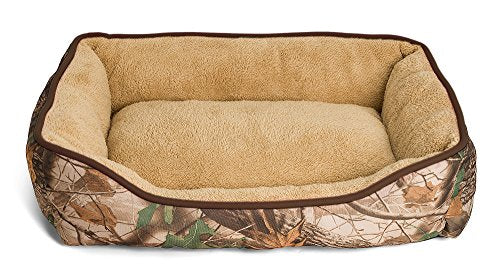 Oakwood Mountain Camouflage Dog Bed Â Extra Fluffy, Ecofriendly Polypropylene Fiber Â Non-Slip Bottom Â Machine Washable Â Rectangle Pet Bed Â Brown or Pink Piping Â Fits All Dog and Cat Breeds