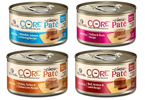 Wellness CORE Canned Grain Free Wet Classic Pate Cat Food Variety Pack, 4 Flavors - 3 oz Each 12 Cans