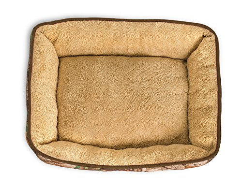 Camouflage Dog Bed Â Extra Fluffy, Ecofriendly Polypropylene Fiber Â Non-Slip Bottom Â Machine Washable Â Rectangle Pet Bed Â Brown or Pink Piping Â Fits All Dog and Cat Breeds