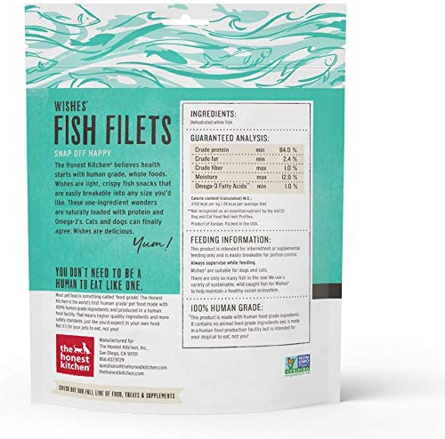 The Honest Kitchen Wishes: Natural Human Grade Dehydrated Grain Free Fish Filets, Treats for Dogs and Cats, 3 oz