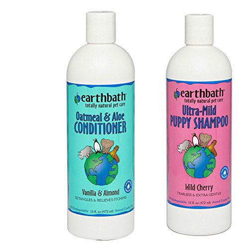 Earthbath Ultra-Mild Tearless Puppy Shampoo, Wild Cherry Scent, 16 Ounces Oatmeal and Aloe Conditioner for Dogs and Cats, Vanilla Scent,16 oz
