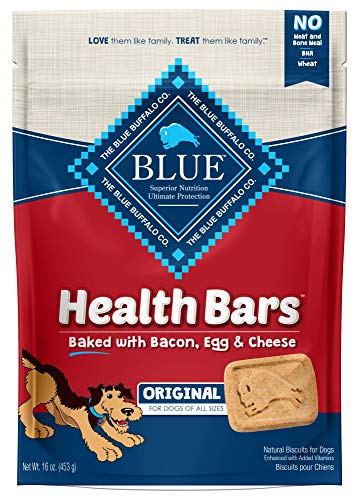 Blue Buffalo Health Bars Natural Crunchy Dog Treats Biscuits, Bacon, Egg & Cheese 16-oz bag.