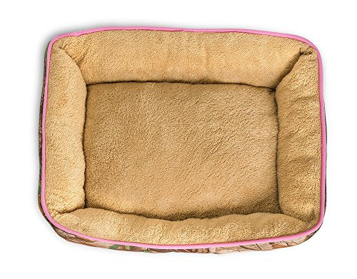 Camouflage Dog Bed Â Extra Fluffy, Ecofriendly Polypropylene Fiber Â Non-Slip Bottom Â Machine Washable Â Rectangle Pet Bed Â Brown or Pink Piping Â Fits All Dog and Cat Breeds