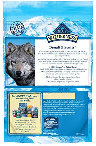 Blue Buffalo Wilderness Denali Biscuits High Protein Grain Free Crunchy Dog Treats, Wild Salmon, Venison, & Halibut 8-oz bag