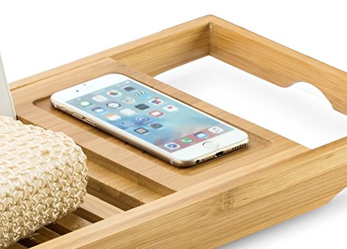 romatlink Makes Gift-Luxury Bamboo, Extending Slides, Adjustable Tablet Rack with Wine Glass & Book Holder for That Perfect Bathtime Escape, Natural
