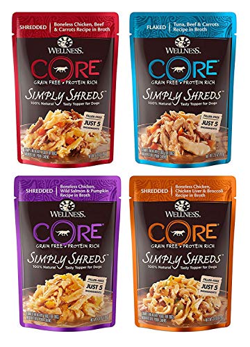 Wellness CORE Simply Shreds Natural Grain Free Wet Dog Food Toppers Variety Pack, 4 Flavors, 2.8 ounce Each (12 Total Pouches)