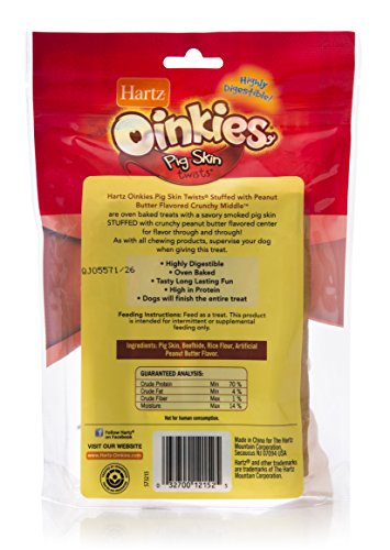 Hartz Oinkies Natural Smoked Pig Skin Twist Peanut Butter Stuffed Dog Treat Chews - 5 Pack