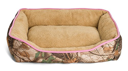 Oakwood Mountain Camouflage Dog Bed - Extra Fluffy, Ecofriendly Polypropylene Fiber - Non-Slip Bottom - Machine Washable - Rectangle Pet Bed - Brown or Pink Piping - Fits All Dog and Cat Breeds