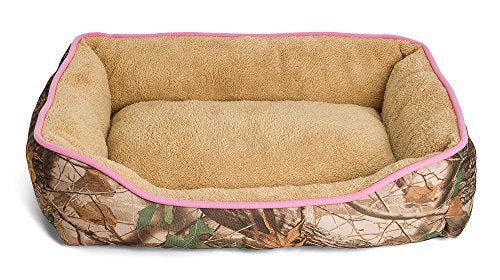 Oakwood Mountain Camouflage Dog Bed Â Extra Fluffy, Ecofriendly Polypropylene Fiber Â Non-Slip Bottom Â Machine Washable Â Rectangle Pet Bed Â Brown or Pink Piping Â Fits All Dog and Cat Breeds
