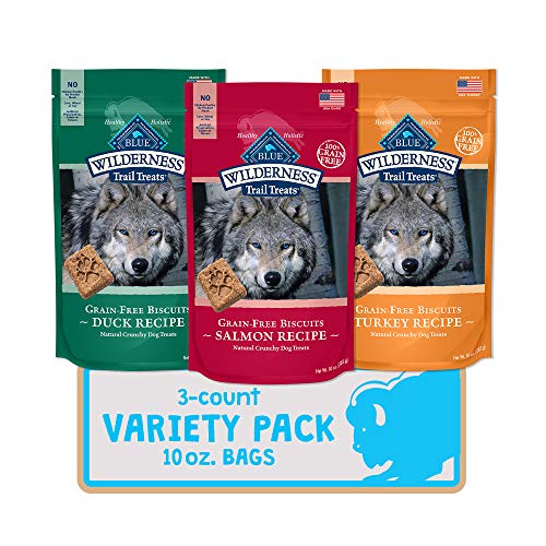 Blue Buffalo Wilderness Trail Treats High Protein Grain Free Crunchy Dog Treats Biscuits, Duck, Turkey, Salmon Recipes 10-oz Variety Pack, 3Ct
