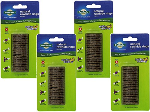(4 Pack) PetSafe Busy Buddy Refill Ring Dog Treats for Select Busy Buddy Dog Toys, Natural Rawhide, Size A/X-Small to Small