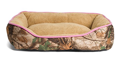 Oakwood Mountain Camouflage Dog Bed - Extra Fluffy, Ecofriendly Polypropylene Fiber - Non-Slip Bottom - Machine Washable - Rectangle Pet Bed - Brown or Pink Piping - Fits All Dog and Cat Breeds