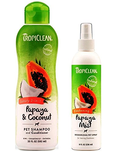 TropiClean Pet Grooming Bundle, 1 Each: Papaya & Coconut Luxury 2-in-1 Shampoo and Conditioner, and Freshening Papaya Mist Deoderizing Spray