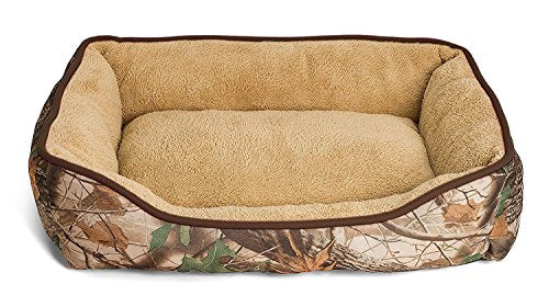 Camouflage Dog Bed Â Extra Fluffy, Ecofriendly Polypropylene Fiber Â Non-Slip Bottom Â Machine Washable Â Rectangle Pet Bed Â Brown or Pink Piping Â Fits All Dog and Cat Breeds