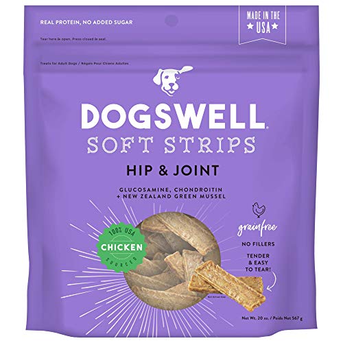 DOGSWELL Hip & Joint Dog Treats 100% Meaty, Grain Free, Glucosamine Chondroitin & Omega 3, Chicken Soft Strips 20 oz