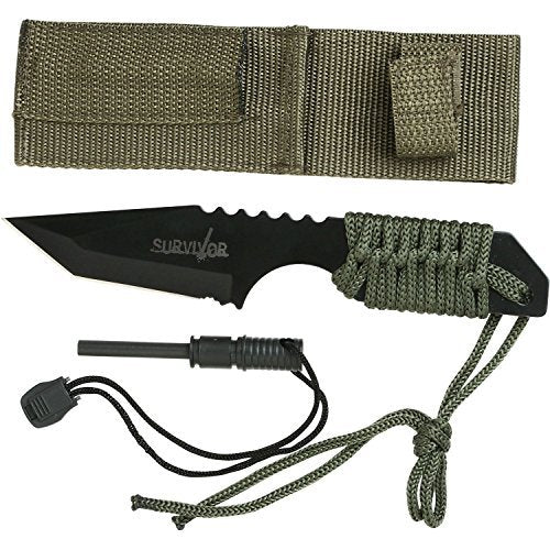 Survivor HK-106320-A Fixed Blade Outdoor Knife, Black Tanto Blade, Green Cord-Wrapped Handle, 7-Inch Overall, Green (2-Pack)