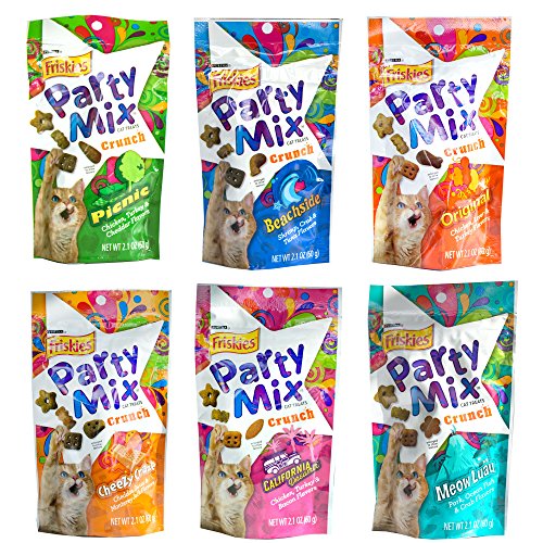 Friskies Party Mix Crunch Variety Pack (6 Fun Flavors 2.1 oz each) - Picnic, Beachside, Cheezy Craze, Original, California Dreamin', and Meow Luau