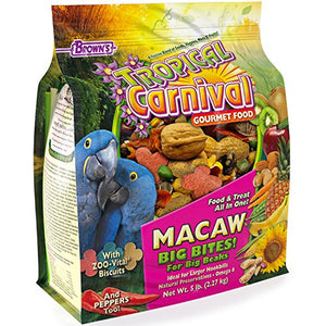 F.M. Brown's Tropical Carnival Gourmet Macaw Food Big Bites for Big Beaks, 5-lb Bag - Vitamin-Nutrient Fortified Daily Diet with Probiotics for Digestive Health